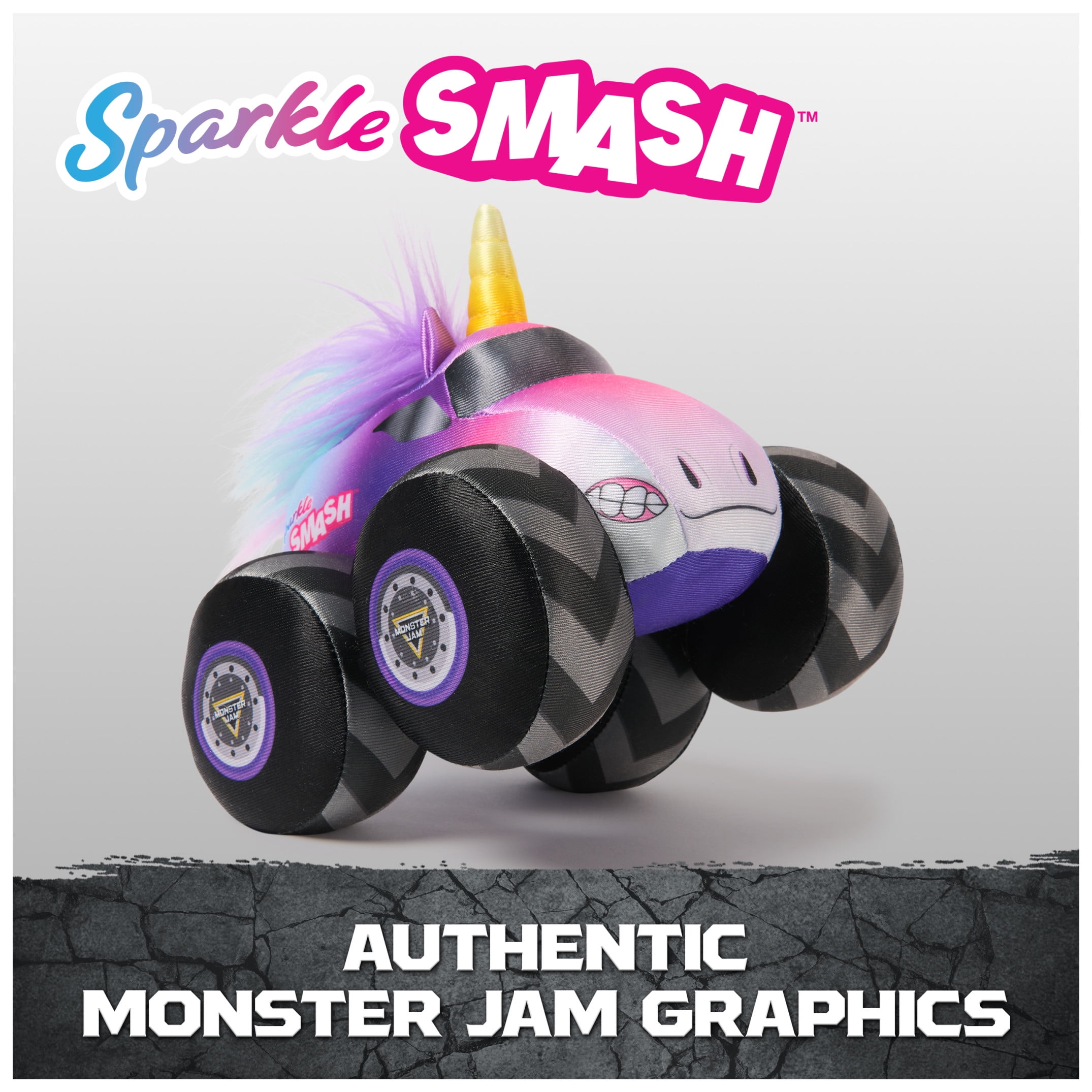 Monster Jam Sparkle Smash Plush Truck with Sound Effects, Plush Toy for Ages 3 and Up, 7”