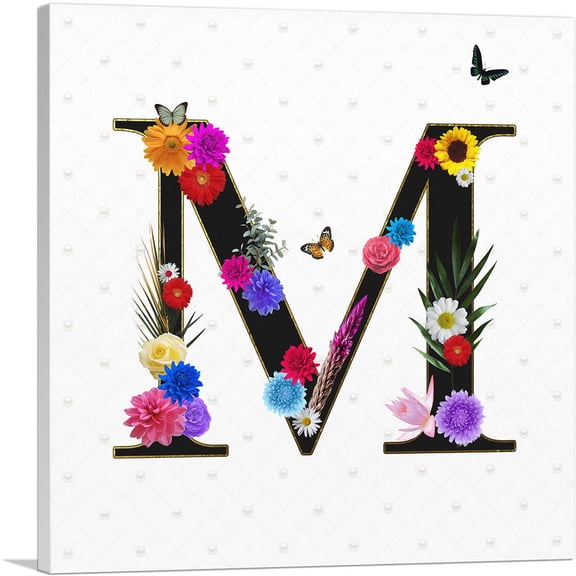 ARTCANVAS Flower Plant Butterfly Alphabet Letter M Canvas Art Print - Size: 36" x 36" (1.50" Deep)