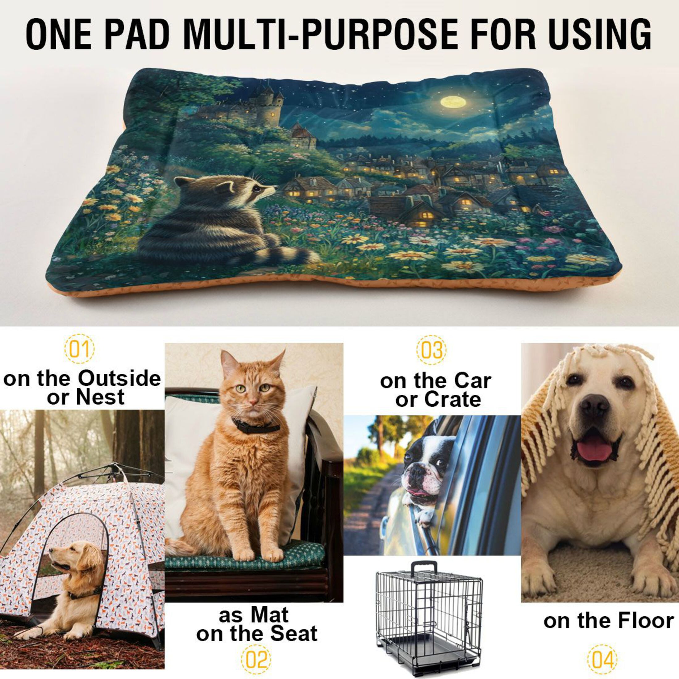 Qxltty Raccoon Journey Ped Pad Wear-resistant and Hard to Bite Through Sleeping Pad for Small Medium Large Dogs Winter Pet Bed 36×24in