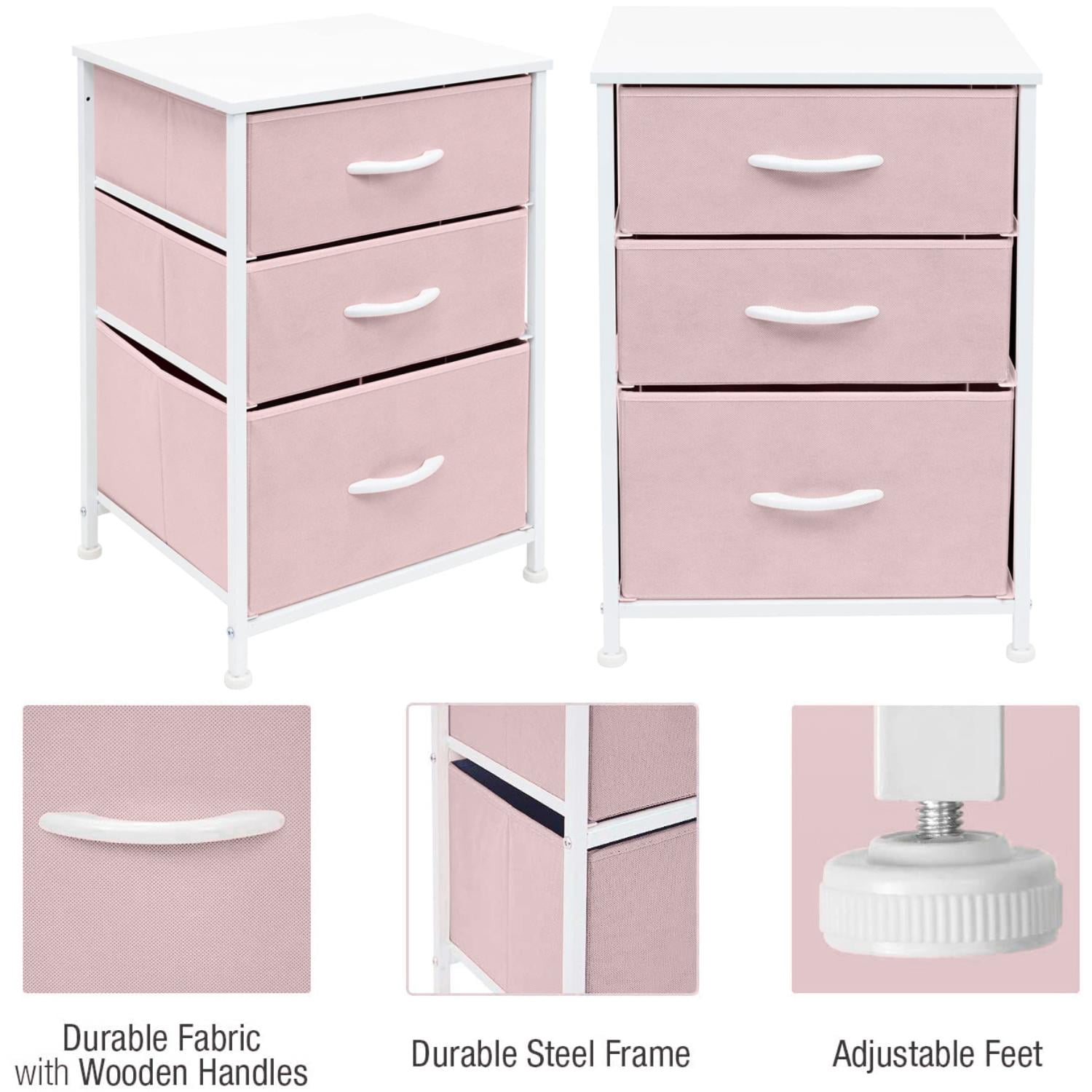 Sorbus Fabric Nightstand, 3 Drawers with Wood Top and Steel Frame, Pink