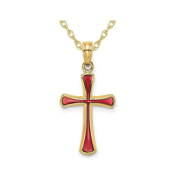 14K Yellow Gold Cross Pendant Necklace with Pink Enamel and Chain