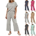 thumbnail image 2 of Women's Summer 2 Piece Sets Dressy Striped Top with Crop Straight Leg Pants Business Casual Outfits with Pockets, 2 of 7