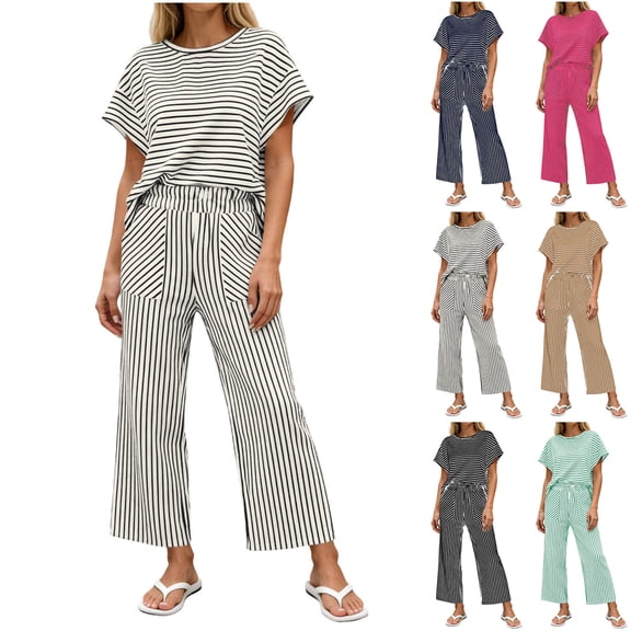 Idoravan womens 2 piece lounge sets Women's Round Neck Stripe Short Sleeve shirts Long Pants With Elastic Waist Pocket pants Set