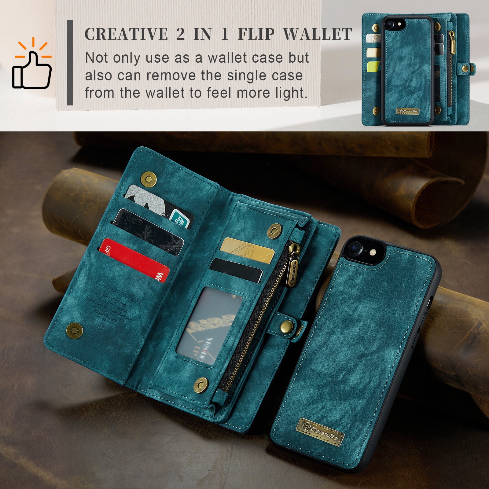 Feishell Durable 2-In-1 Magnetic Detachable Wallet Case for iPhone 7/8/SE 2020/SE 2022,for Women Men,Premium PU Leather Zipper Pocket Flip Multi Card Slots Purse Phone Case with Wrist Strap,Green