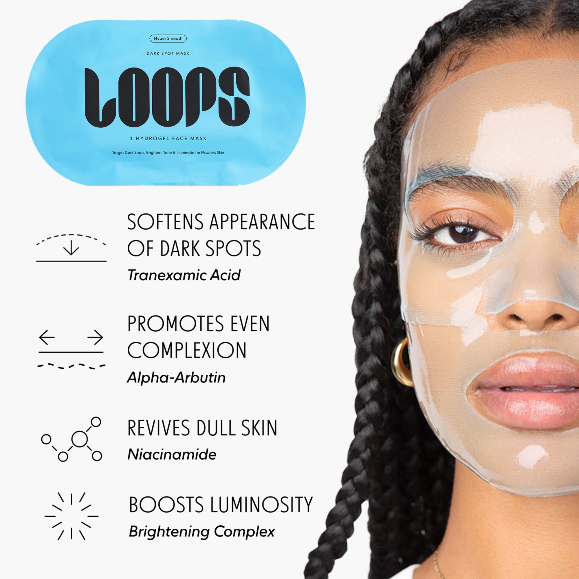 LOOPS Hyper Smooth Dark Spot Hydrogel Face Mask | Evens Skin Tone | 5 Pack
