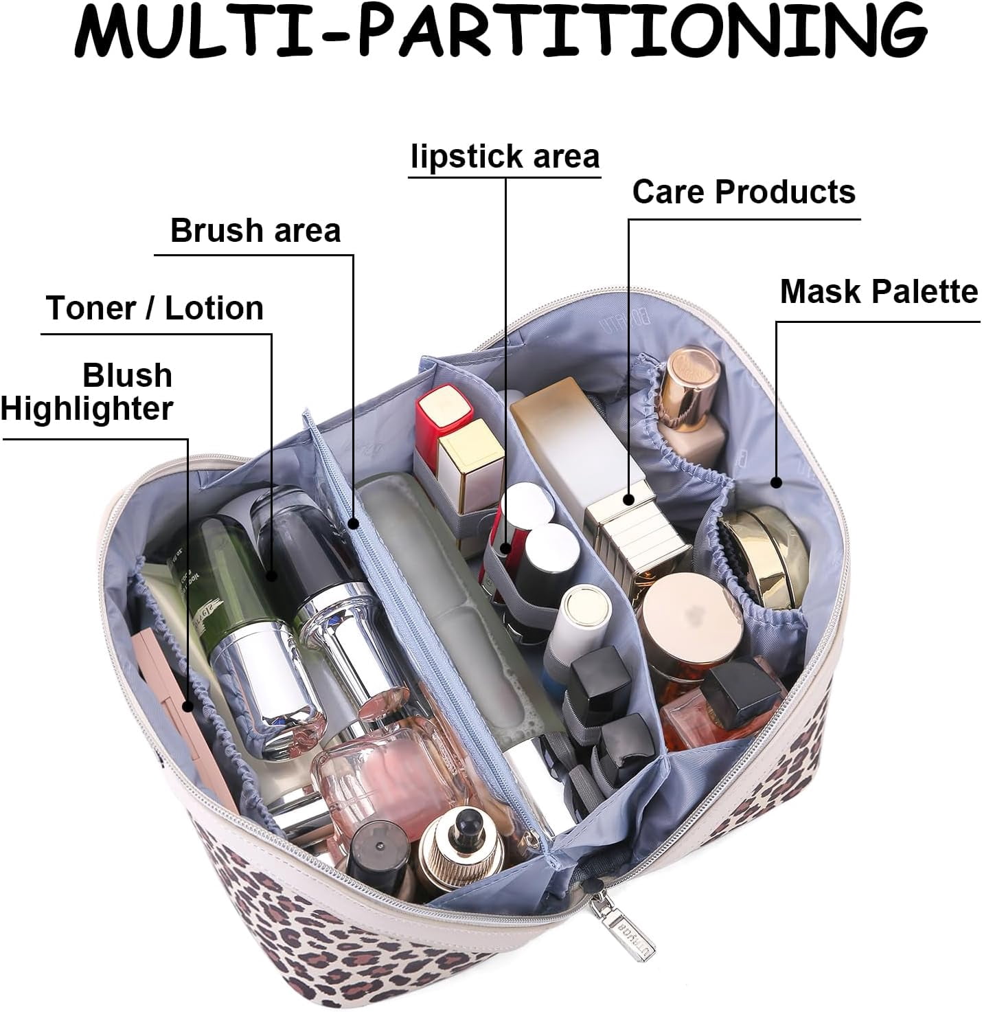 Travel Makeup Bags Organizer for Women: 3 Pcs Set Cosmetic Bag - Large Make up Bag with Compartments - Flat Open Waterproof Leather Toiletry Bags for Skincare, Brushes & Travel Essentials - Beige