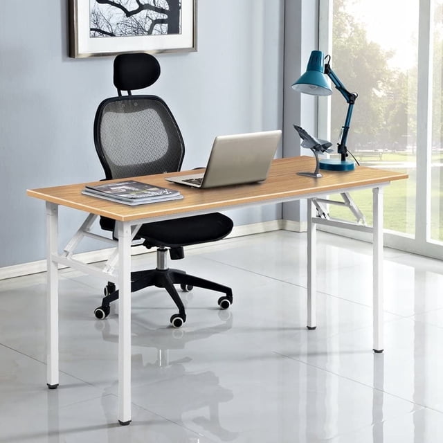 SOGES 55 inches Folding Computer Desk Home Office Workstation, Teak & White