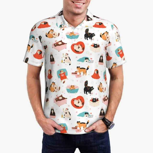 Fotbe funny cats celebrating Valentine's Day Camiseta Polo de Golf para Hombre con Estampado – Camisa Deportiva Transpirable con Cuello Abotonado-XX-Large