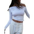 thumbnail image 2 of Fortune Women Basic Slim T-Shirts Solid Long Sleeve Ruched Off Shoulder Crop Top, 2 of 7
