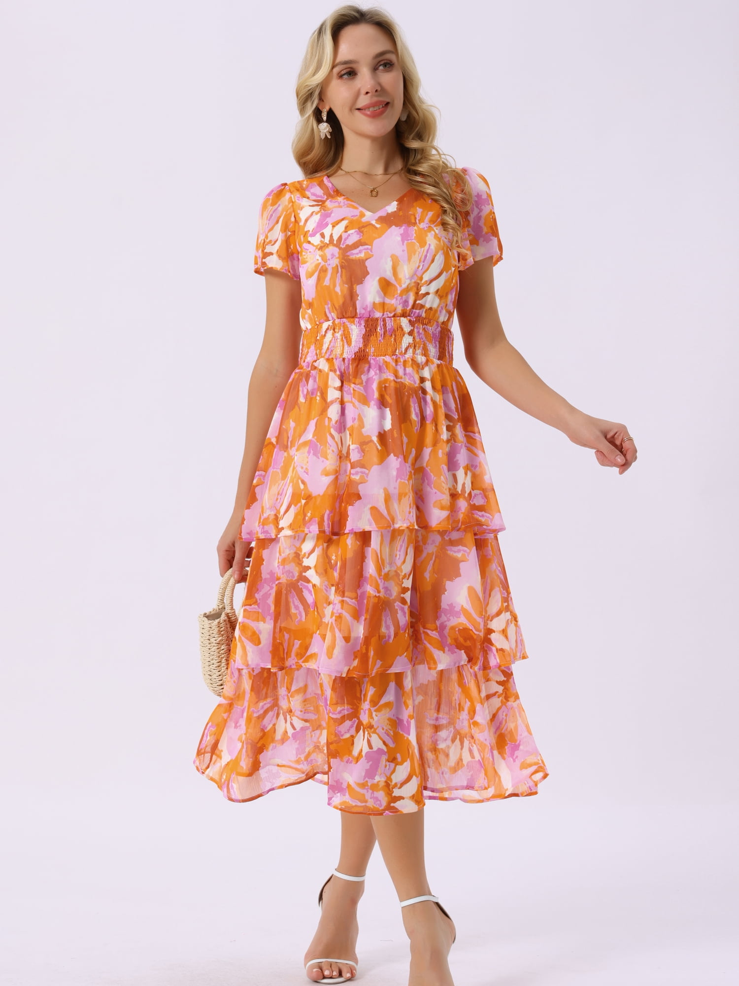 DARING DIVA Floral V Neck Short Sleeve Ruffle Tiered Midi Dress M Orange