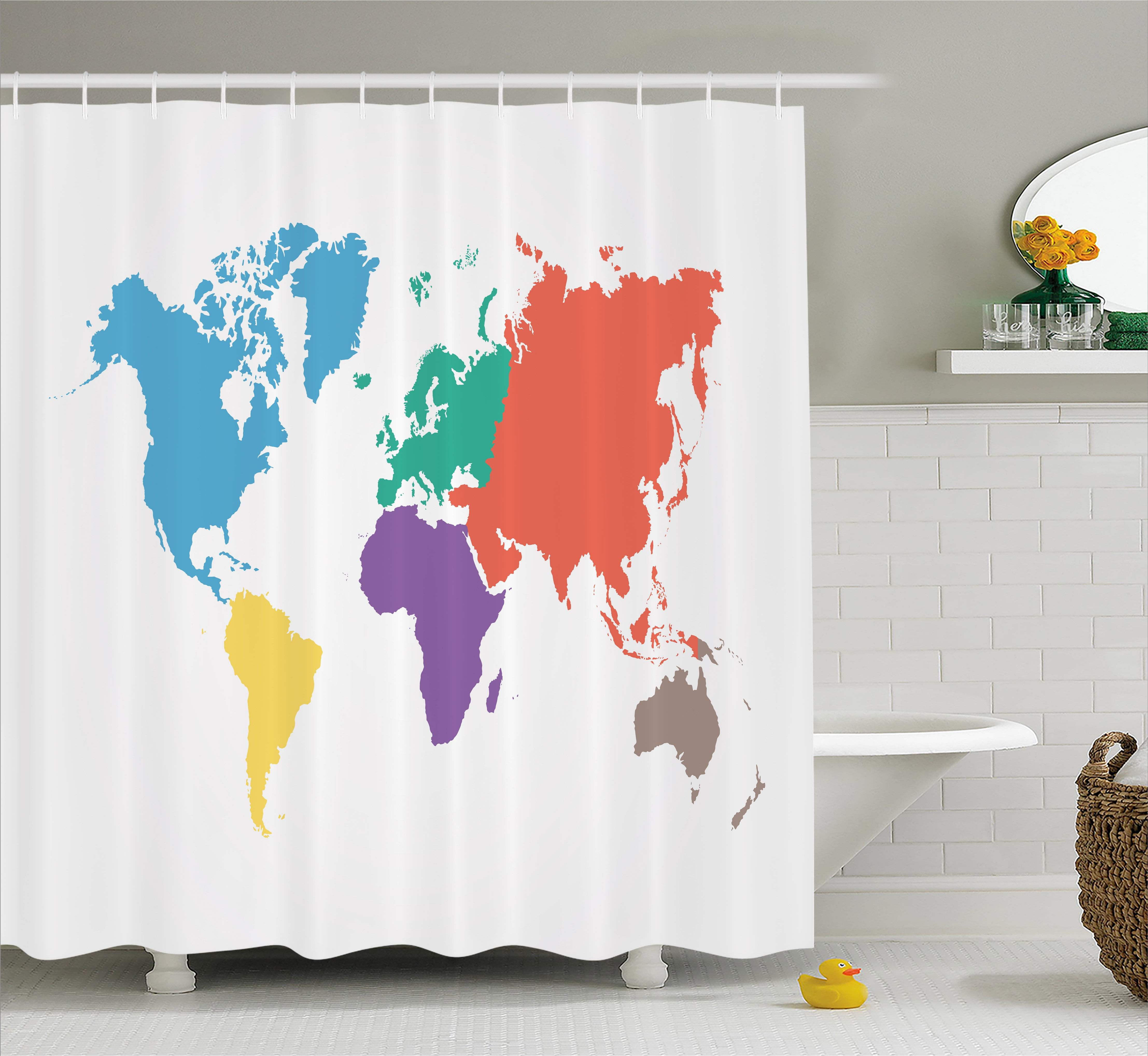 Map Shower Curtain, Continents of the World in Different Colors Regions