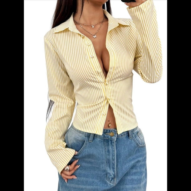 Camisa Corta A Rayas con Botones y Larga Ajustada para Mujer, Blusa de Trabajo Amarillo L