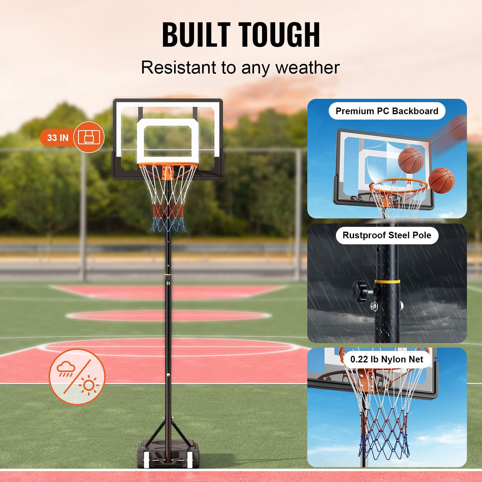 Dranite Adjustable 5-7 Feet Basketball Hoop System with 32" Backboard, Portable Base & Wheels for Indoor/Outdoor Use