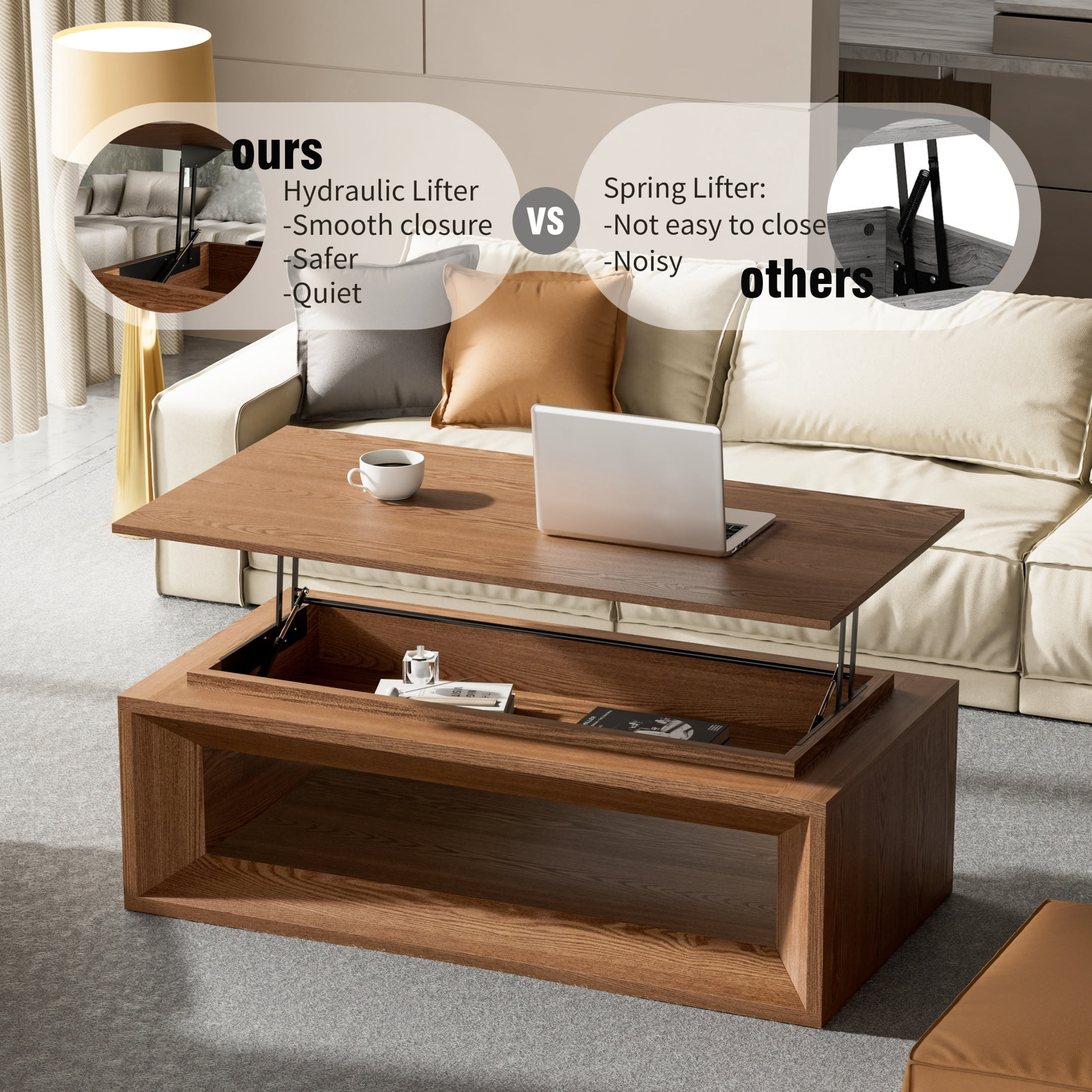 Lift-Top Adjustable Coffee Table with Hidden Storage, Solid Wood Veneered Modern End Table, Accent Cocktail Table