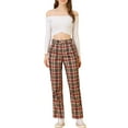 thumbnail image 2 of INSPIRE CHIC Women's Plaid Elastic Waist Button Zipper Straight Leg Long Pants XL Red Brown Beige, 2 of 6