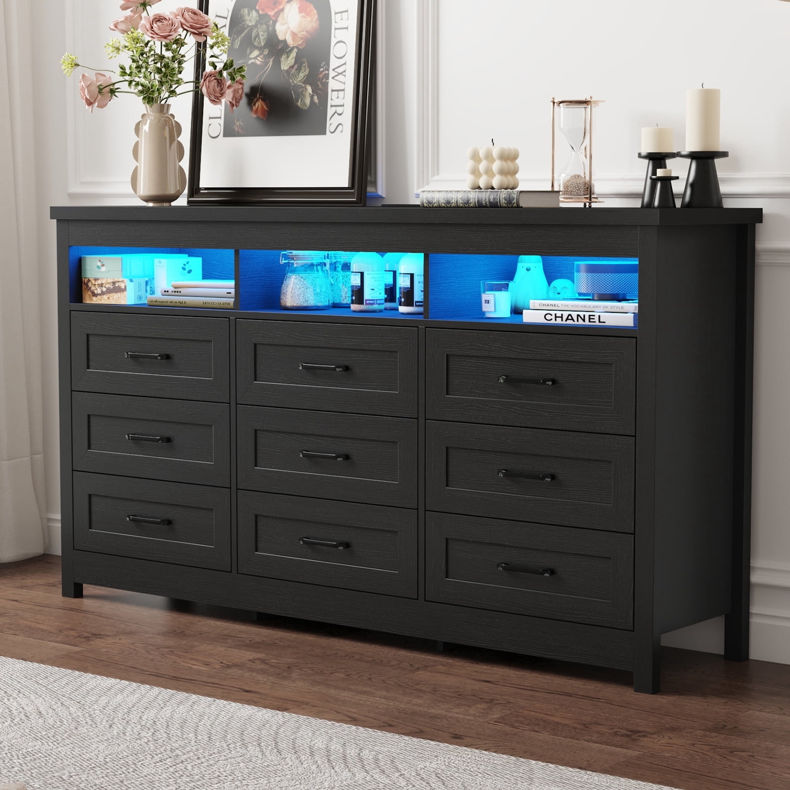 ANPOO Farmhouse 9 Drawers Dresser with LED Lights & Power Outlet, 63" Wide Large Chest of Drawers with Storage Organizer/60000 Colors Light, Modern Wood Dresser for Bedroom, Living Room, Hallway