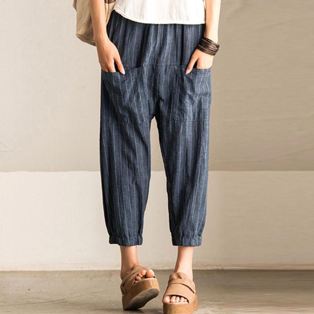 Moda mujer raya hasta el tobillo Pantalones harem de cintura alta sueltos pantalones casuales S Abanopi Pantalones