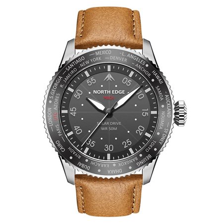 NORTH EDGE Watches for Men MACH Desgin Solar Powered Watch Dual Time Zone Waterproof TPR Nylon Strap Pilot Mens Watch