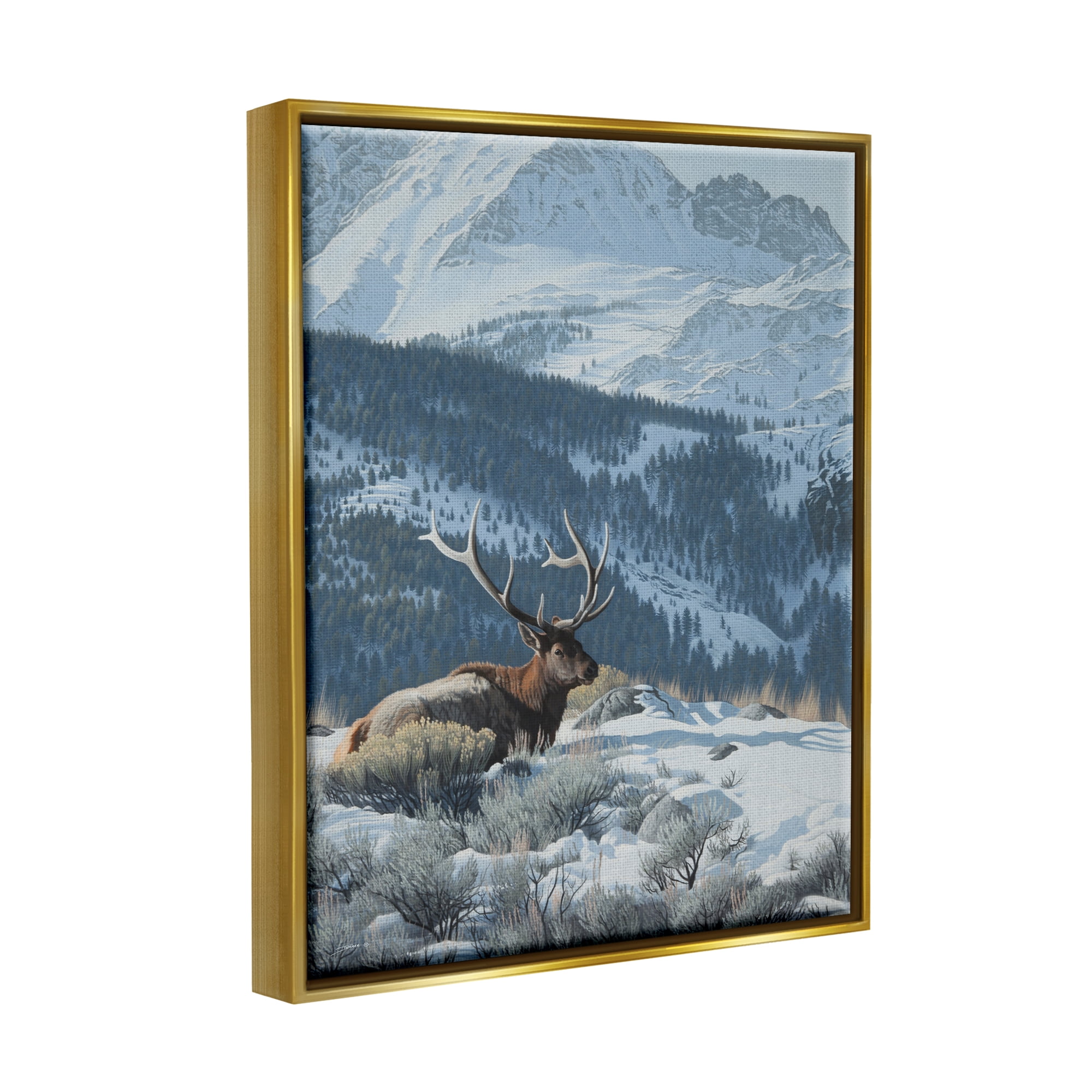Stupell Industries Deer in Snowy Mountains Nature Painting Gold Floater Framed Art Print Wall Art, 25 x 31