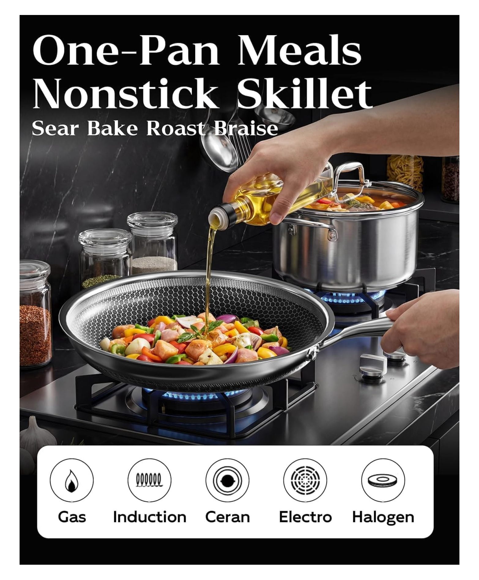 Honeycomb Stainless Steel Nonstick Frying Pan, Induction Cooktop Compatible Skillet, -Free Scratch-Proof, Dishwasher & Oven Safe, Stay-Cool Handle, Silver Kitchen Cookware