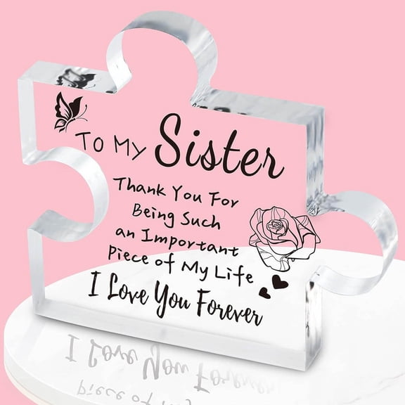 Holloyiver Gifts for Sister Acrylic Puzzle Plaque, Christmas Birthday Gifts for Sister 4.1x 4.1 Inch Desk Decorations, Festival Presents Wooden Puzzle-shaped Home Decor from Brother Sister