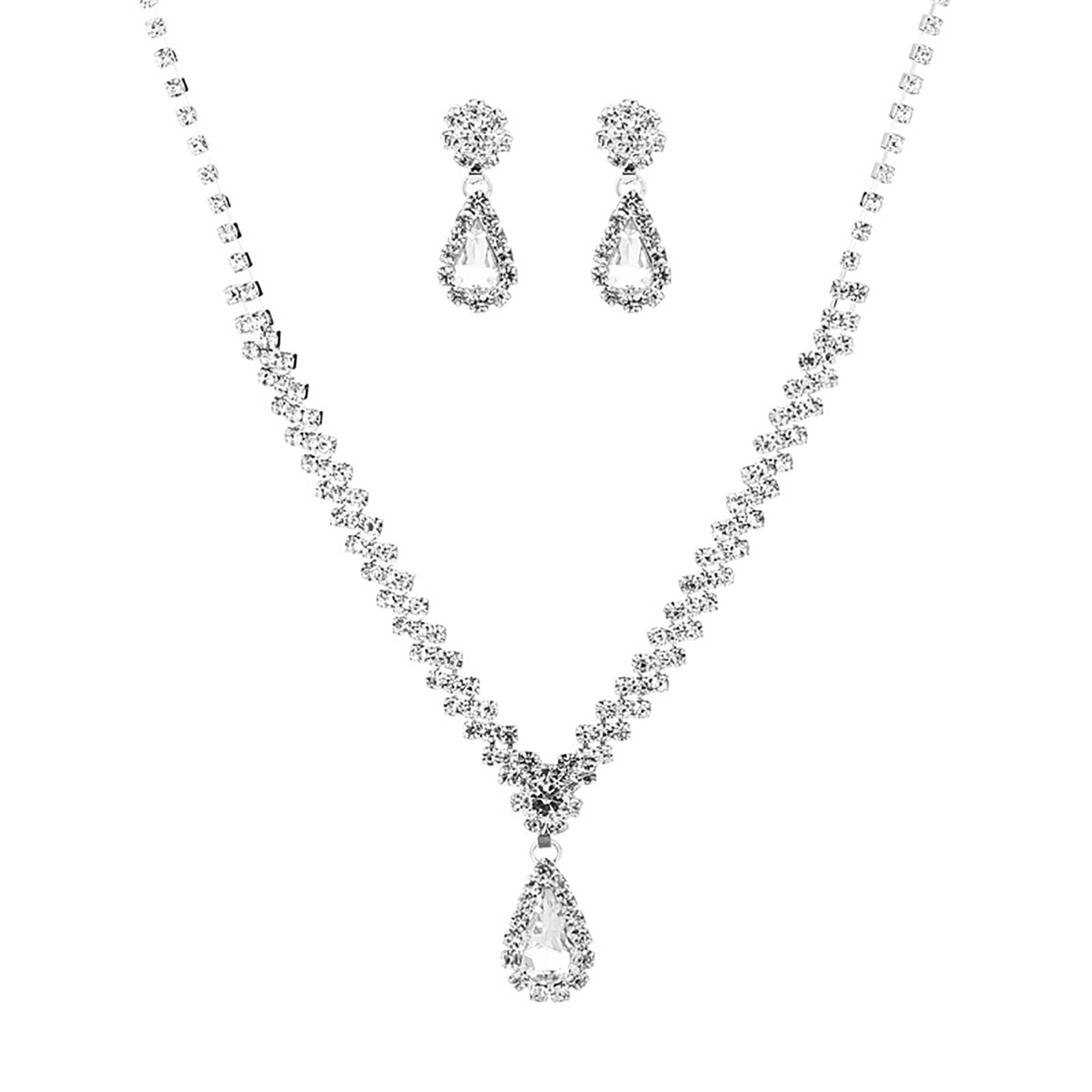 Crystal Rhinestone Teardrop Bridal Necklace and Earrings Gift Set (Cle –  Rosemarie Collections