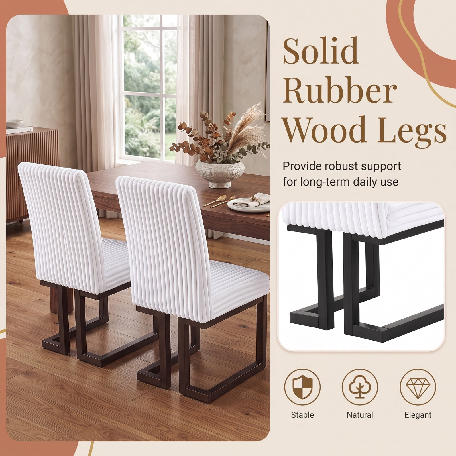 Furnibear Upholstered Dining Chairs Set of 2, Fabric Kitchen Side Chairs with Solid Rubber Wood Legs, Channel Tufted Padded Seat & Ergonomic Backrest, Kitchen - White