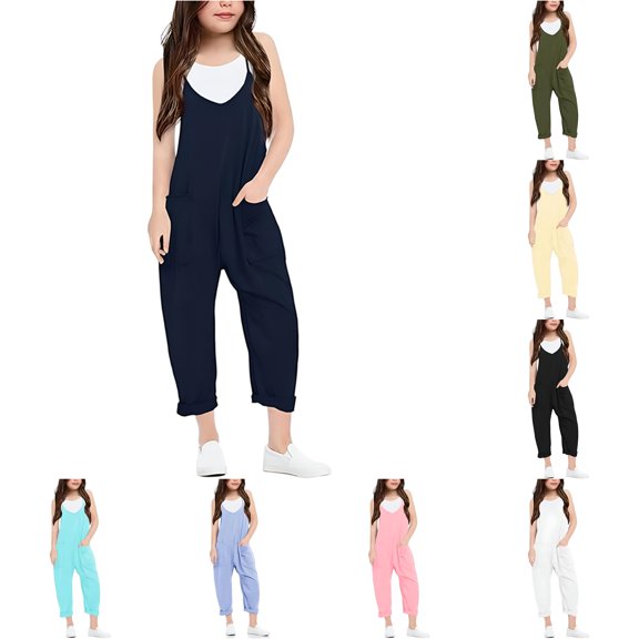 CUZIBR Kids Girls Teen Overall Pants Summer Lightweight Fashion Casual V Neck Suspenders Romper Solid Loose Fit With Pocket Comfortable Wide Leg Stylish Casual Trousers,Dark Blue,13-14 Years