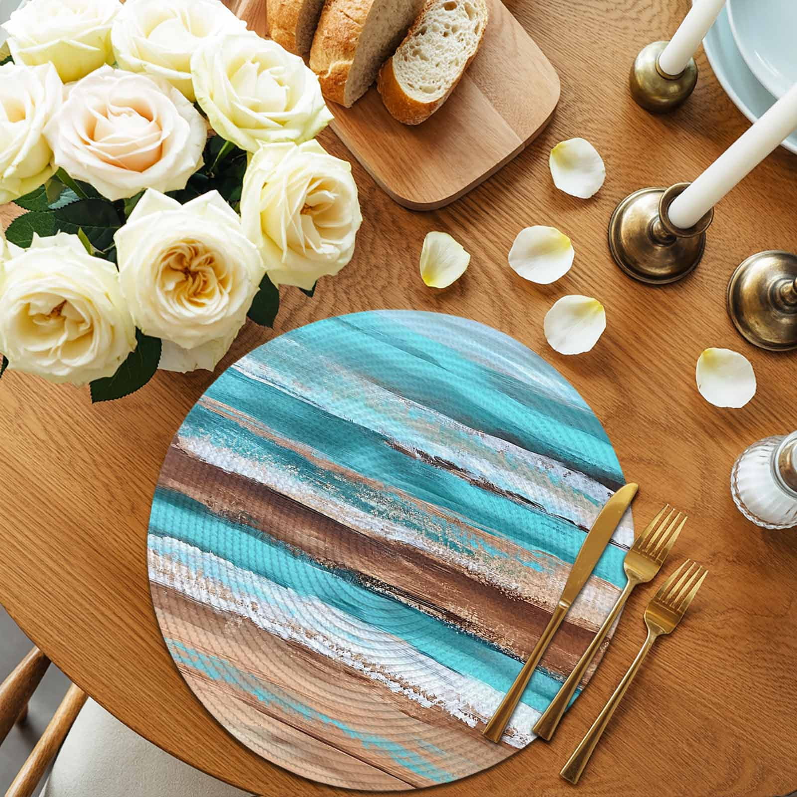Turquoise Brown Round 13 Inch Placemats Set of 6, Abstract Wood Grain Gradient Stripes HeatResistant Non Slip Place Mats for Dining Table, Wipeable Braided Kitchen Table Mats for Housewarming