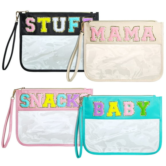 Bolsa de maquillaje Buryeah Chenille con letras, de nailon transparente, 4 unidades