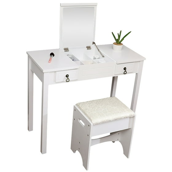 Ktaxon Vanity Set Flip Top Mirror Dressing Table Makeup Writing Desk With 2 Drawers And Stool White