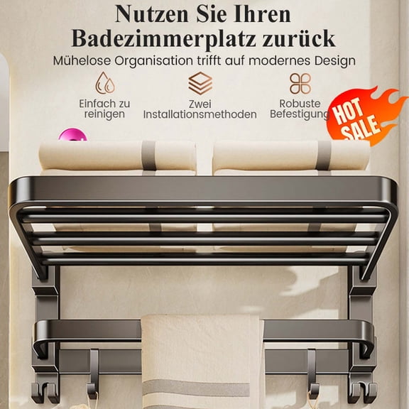 Non-Perforated Wall Mounted Folding Towel Holder with Hooks - Aluminum Bathroom Storage Rack for Towels & Bath Towel, Space-Saving Bath Organizer for Toilet & Shower, 19.69*8.66*7.68in, Gray