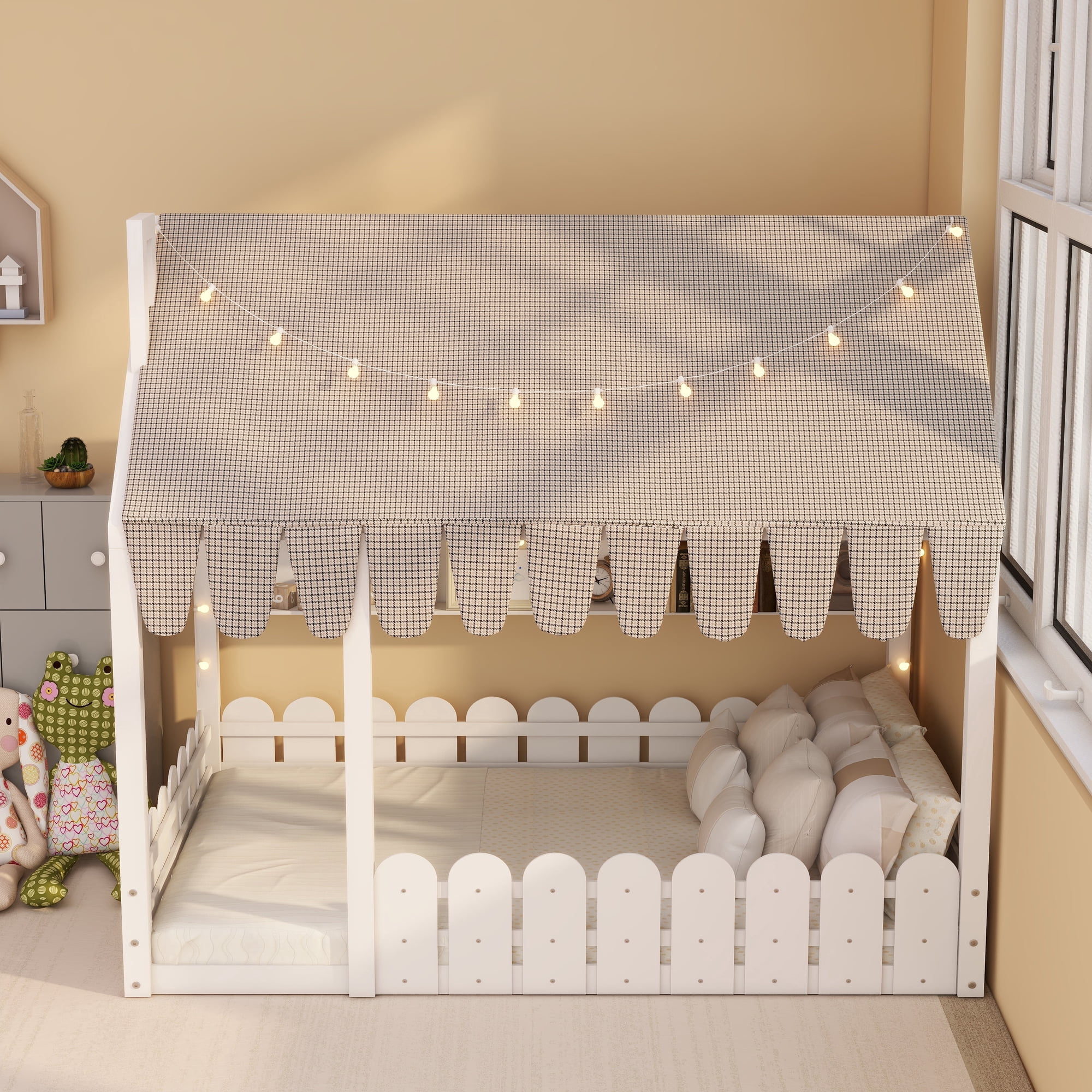 LFSLJJMY Full Size Montessori House Bed for Kids, Floor Bed with Fence Railings, Tent, Lights & 3 Storage Shelves, White