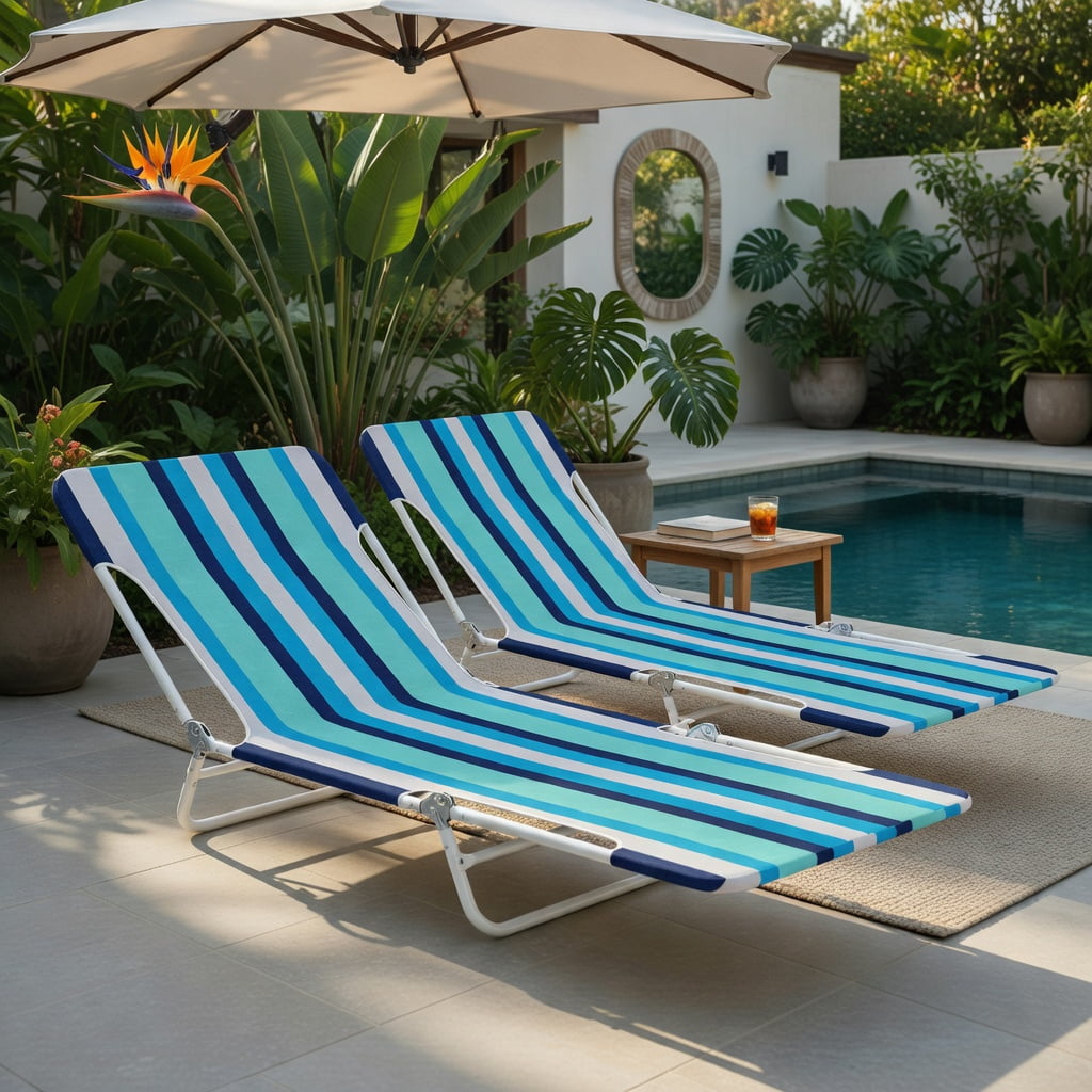 Hommoo 2-Pack Adjustable 5-Position Lay-Flat Beach Lounge Chairs with Carry Strap, Heavy-Duty 600D Oxford & Steel Frame, Blue