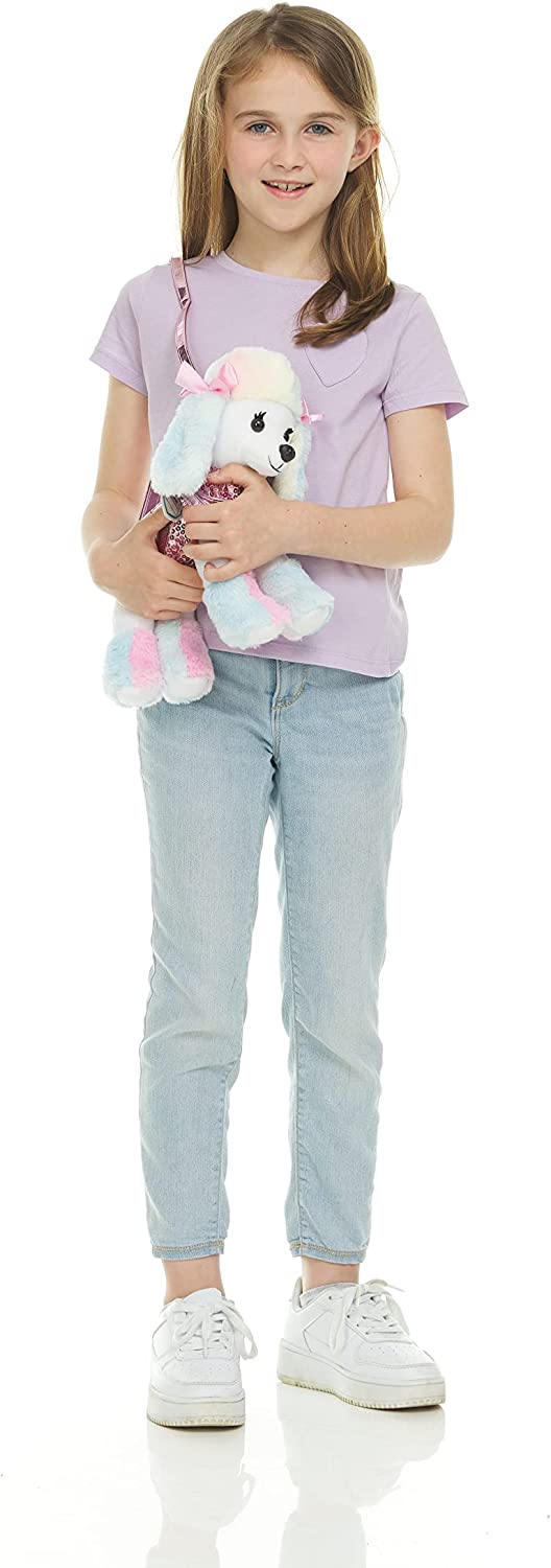 Poochie White Poodle Girls' Plush Dog Purse, Pink Sequins