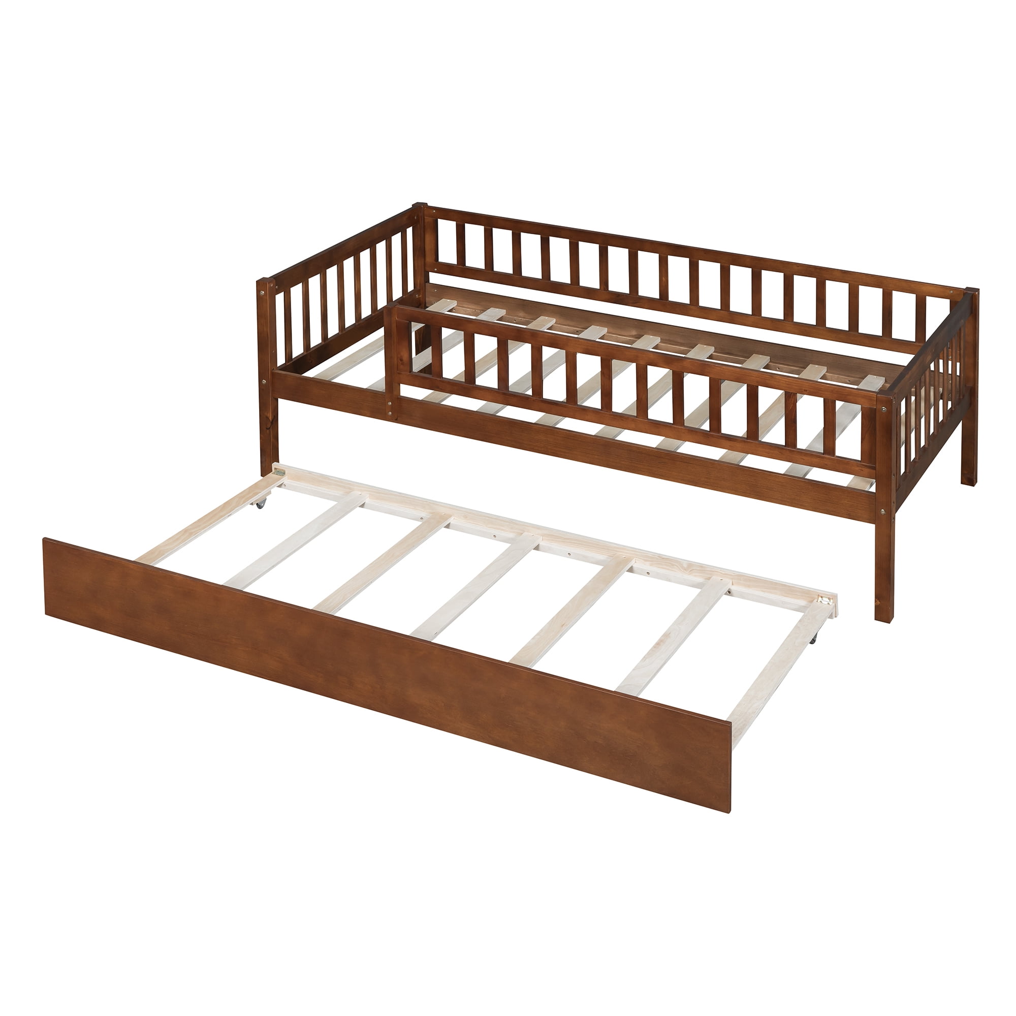 Holaki Twin Size Wood Bed with Trundle and Guardrails for Kids, Walnut