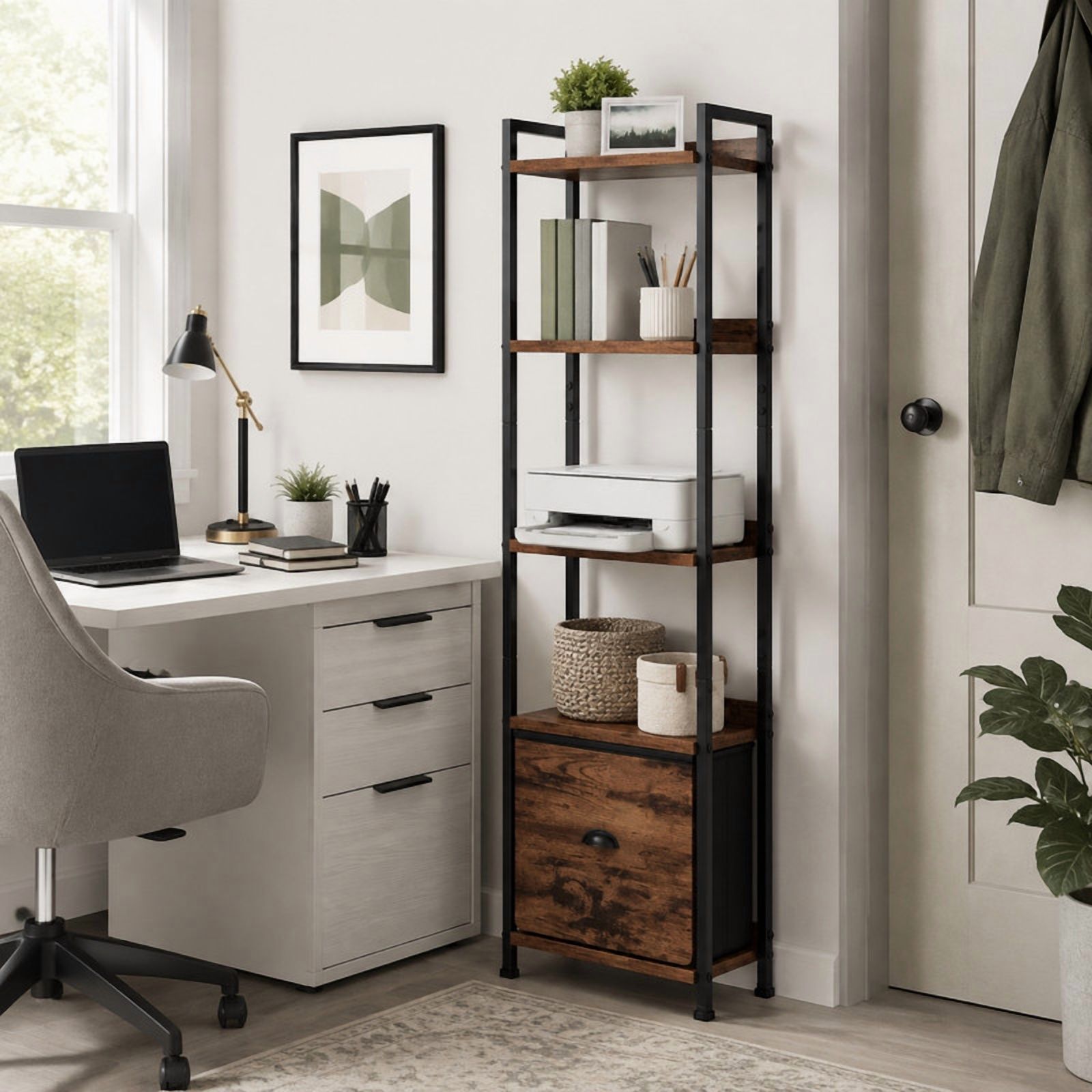 BEAUTYPEAK 5-Tier Bookshelf with Fabric Drawer 55" Tall Narrow Freestanding Display Shelf Metal Frame Bookcase, Rust