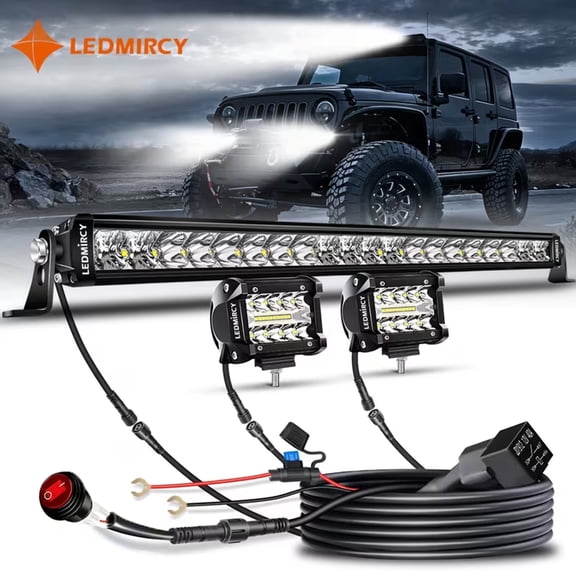 LEDMIRCY 22Inch LED Light Bar and 4Inch LED Pod Lights Single Row Slim Off Road Lights with Wiring Harness Kit Work Light Bar for Wrangler Explorer Camry F-150 Trucks Pickup Tractor UTV ATV