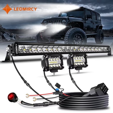 LEDMIRCY 22Inch LED Light Bar and 4Inch LED Pod Lights Single Row Slim Off Road Lights with Wiring Harness Kit Work Light Bar for Wrangler Explorer Camry F-150 Trucks Pickup Tractor UTV ATV