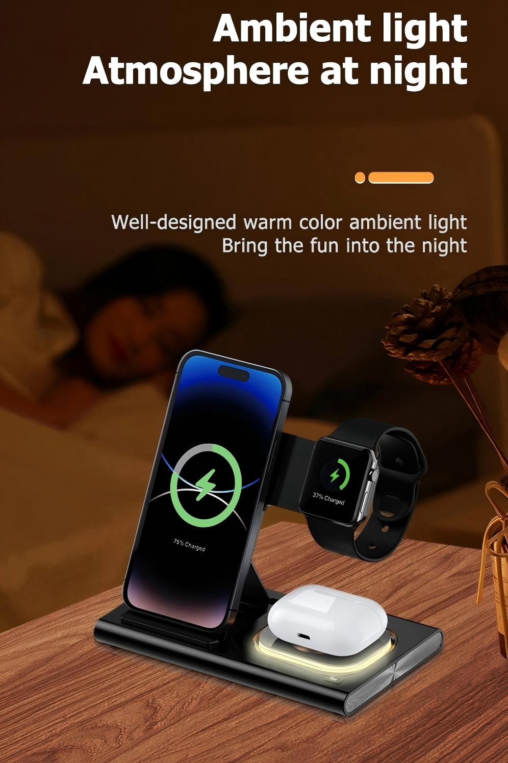 Wireless Charger iPhone Charging Station: 3 in 1 Charger Stand Multiple Devices for Apple with Ambient light