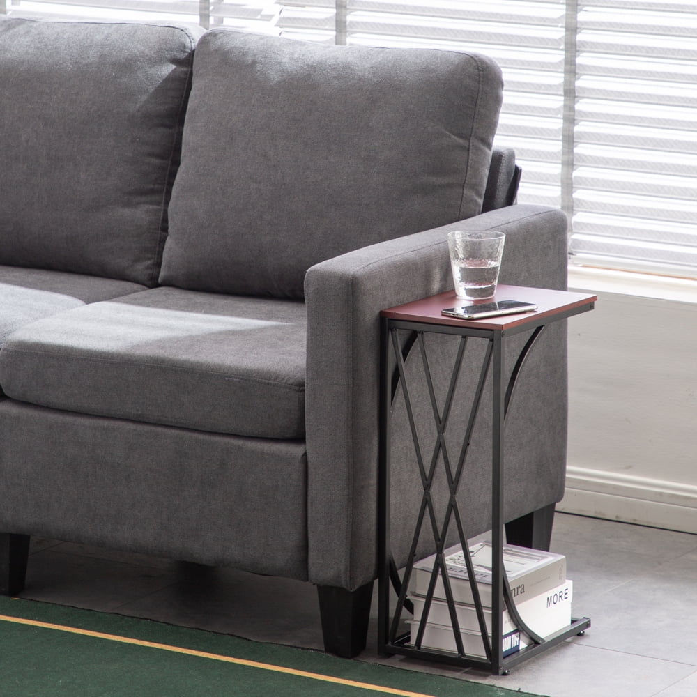 Small End Tables, CShaped Sofa Side Table with Solid Wood Top & Metal