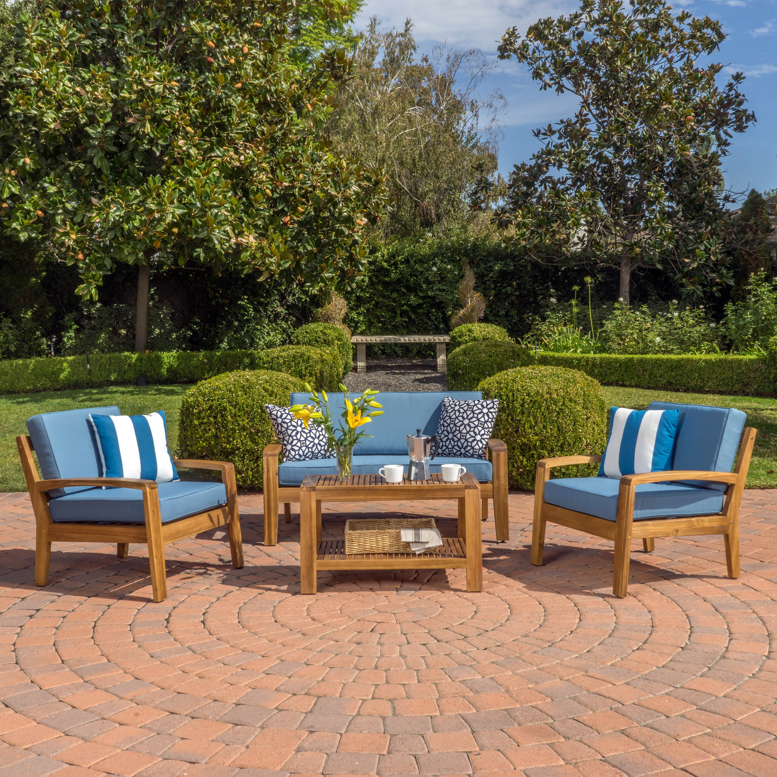 parma 4 piece outdoor wood patio furniture chat set with water