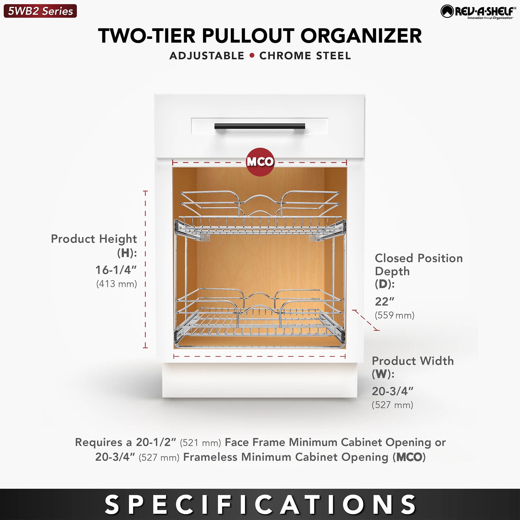 Rev-A-Shelf 5WB2-2122CR-1 21x22in 2-Tier Wire Pullout Cabinet Drawer Basket