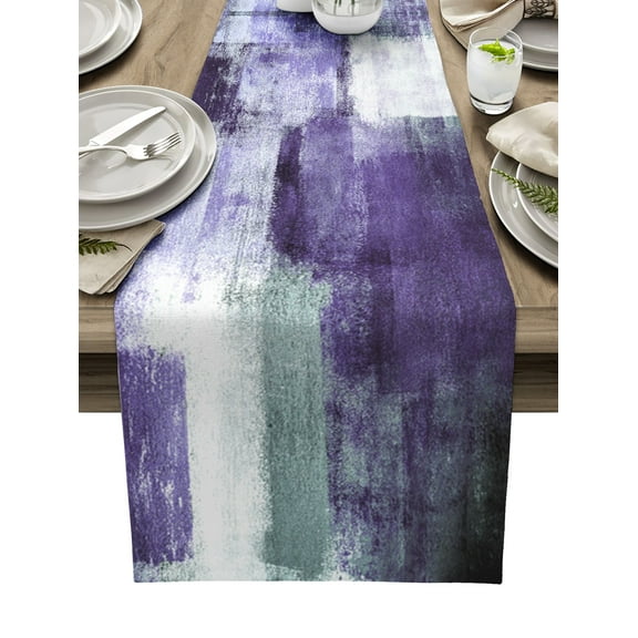 Table Runner Dresser Scarves 90 Inch Long, Geometric Purple Plaid Paint Linen Dining Table Runners Modern Abstract Art Tabletop Scarf for Wedding Holiday Party Kitchen