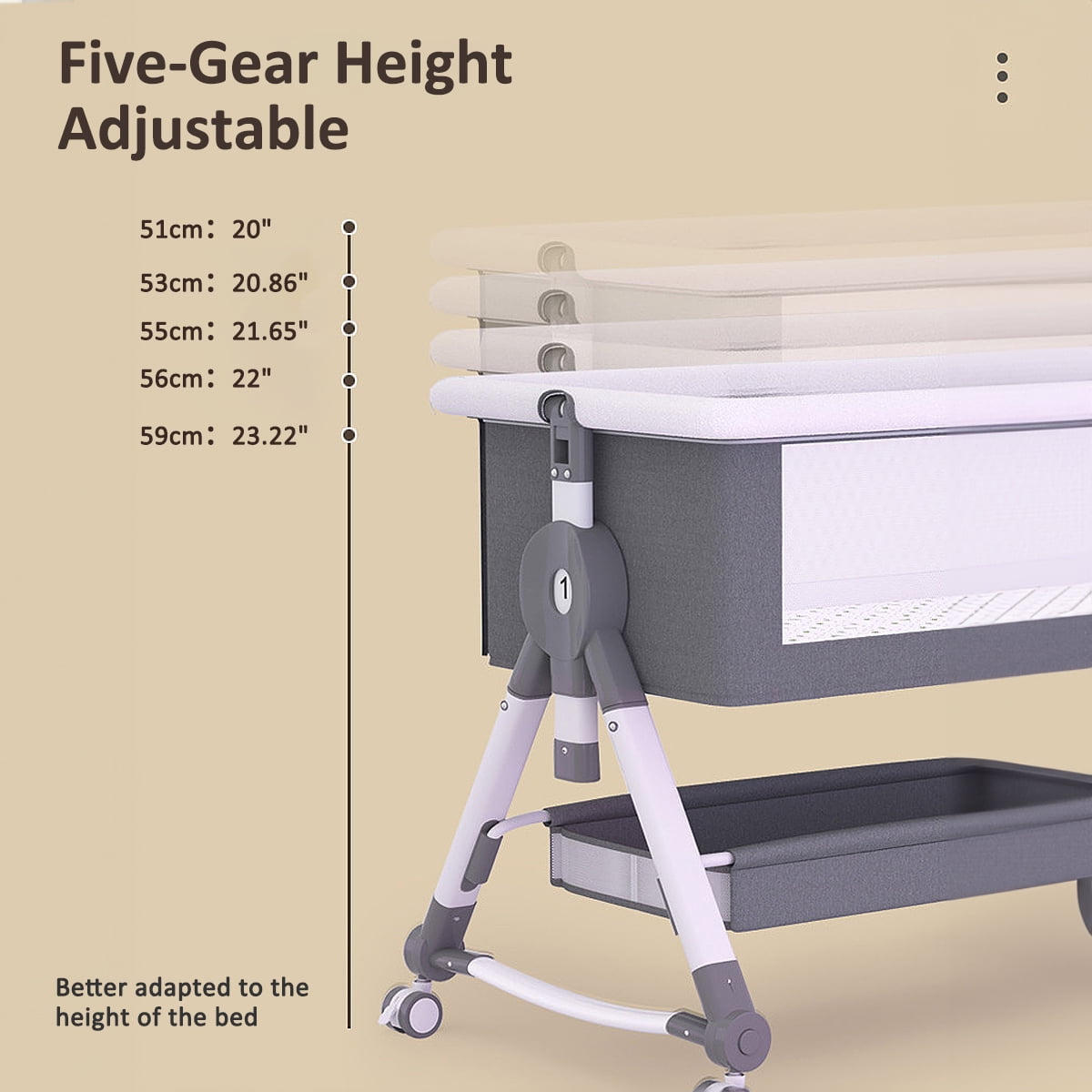 XunKA 4 in 1 Infant Baby Bassinet with Mosquito Net and Storage Rack,Adjustable Height,Gray.