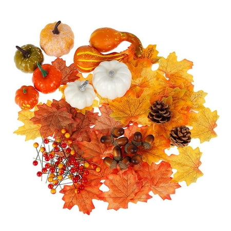 ionze Home Decor 120pcs Artificial Pumpkins Maple Leaves Set Thanksgiving Decorations Pumpkins with Pinecones and Maple Leaves for Har Vest Pumpkin Tables Centerpiece Fall Wedding Home Accessories