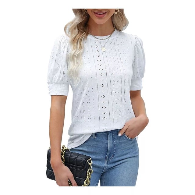 Blusa Manga Corta Abullonada Para Mujer Camiseta Ajustada