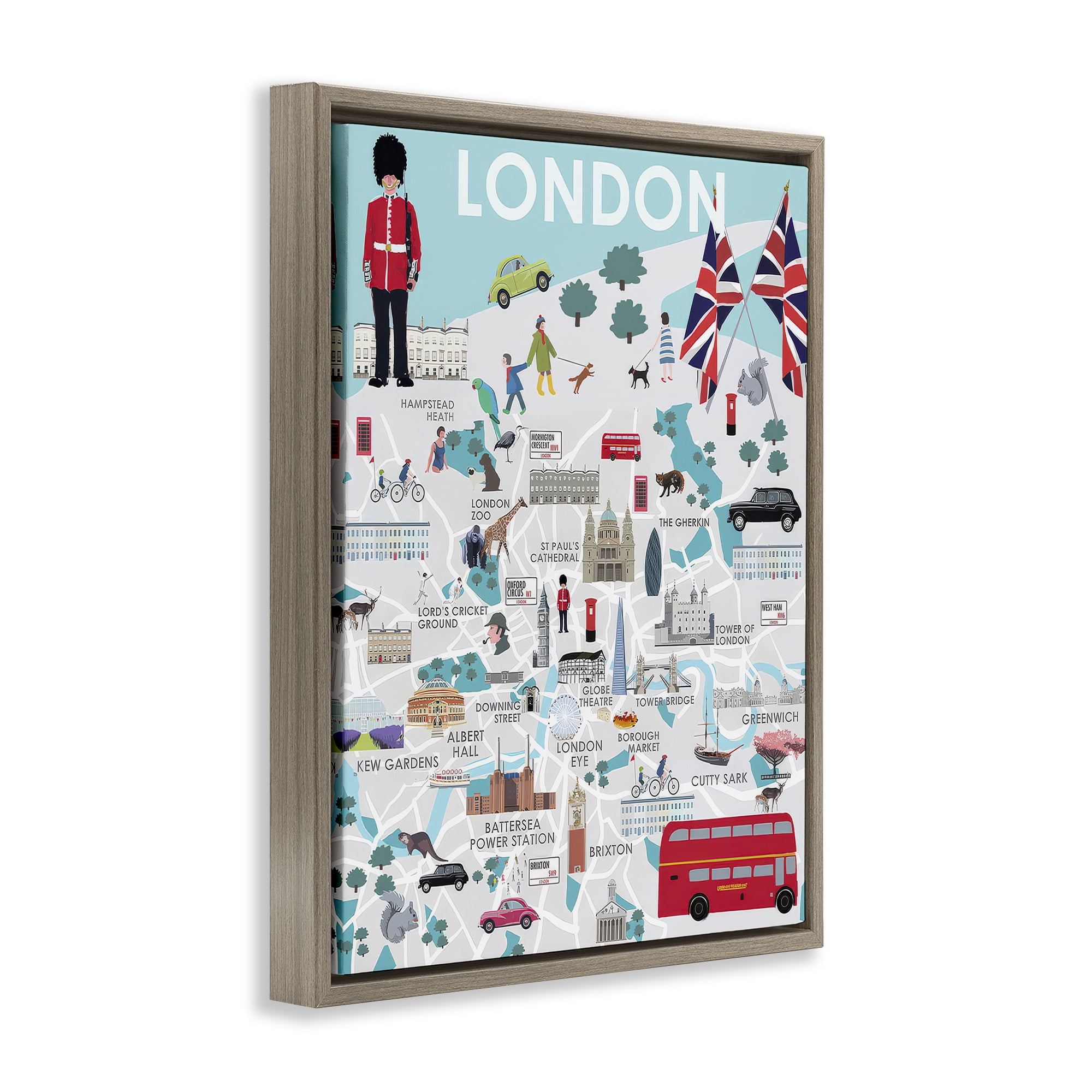 Stupell Industries London Landmark Map Cities & Countries Painting Brown Floater Framed Canvas Art Print Wall Art, 17 x 21
