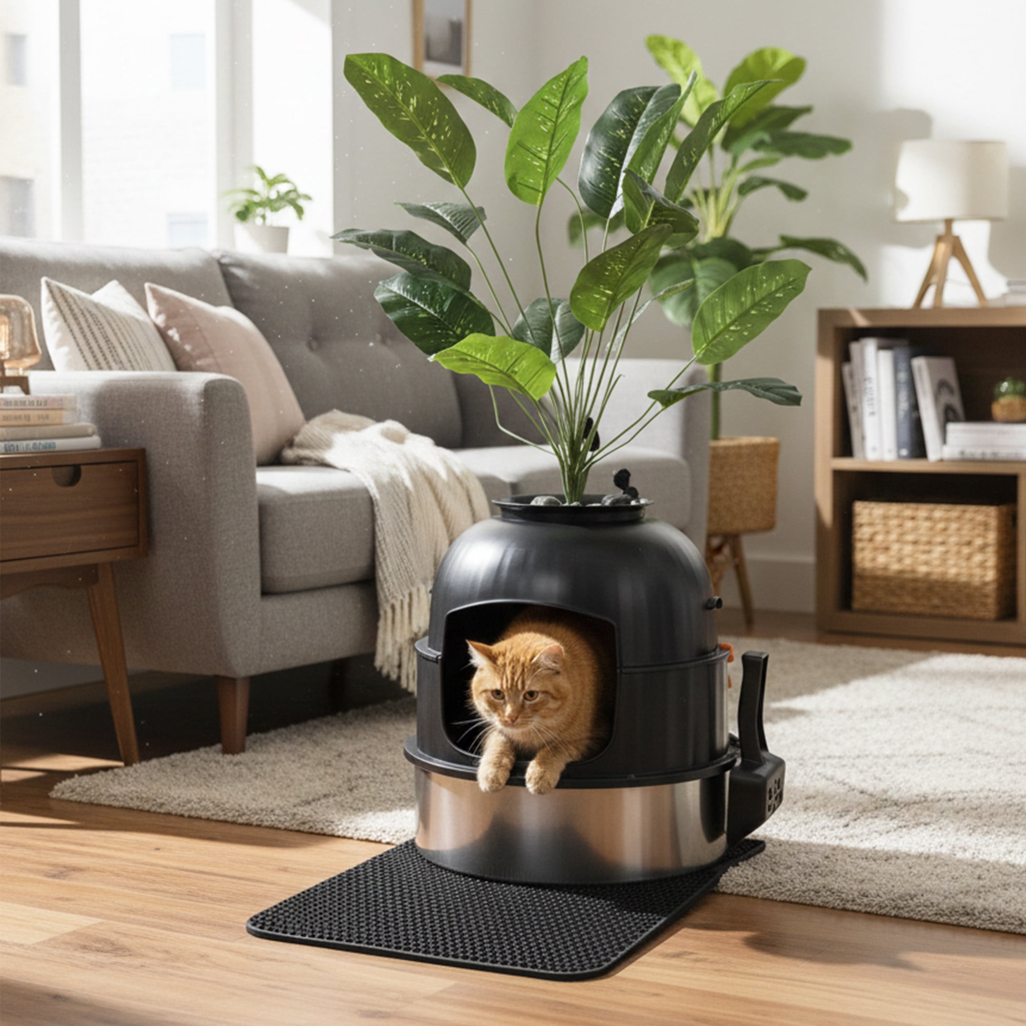Aqwiopr Litter Box Cat with Faux Plant & Scoop, Hidden Enclosure Litter Tray with Odor Control & Carbon Filter in Living Room, Bedroom, Corner, Black