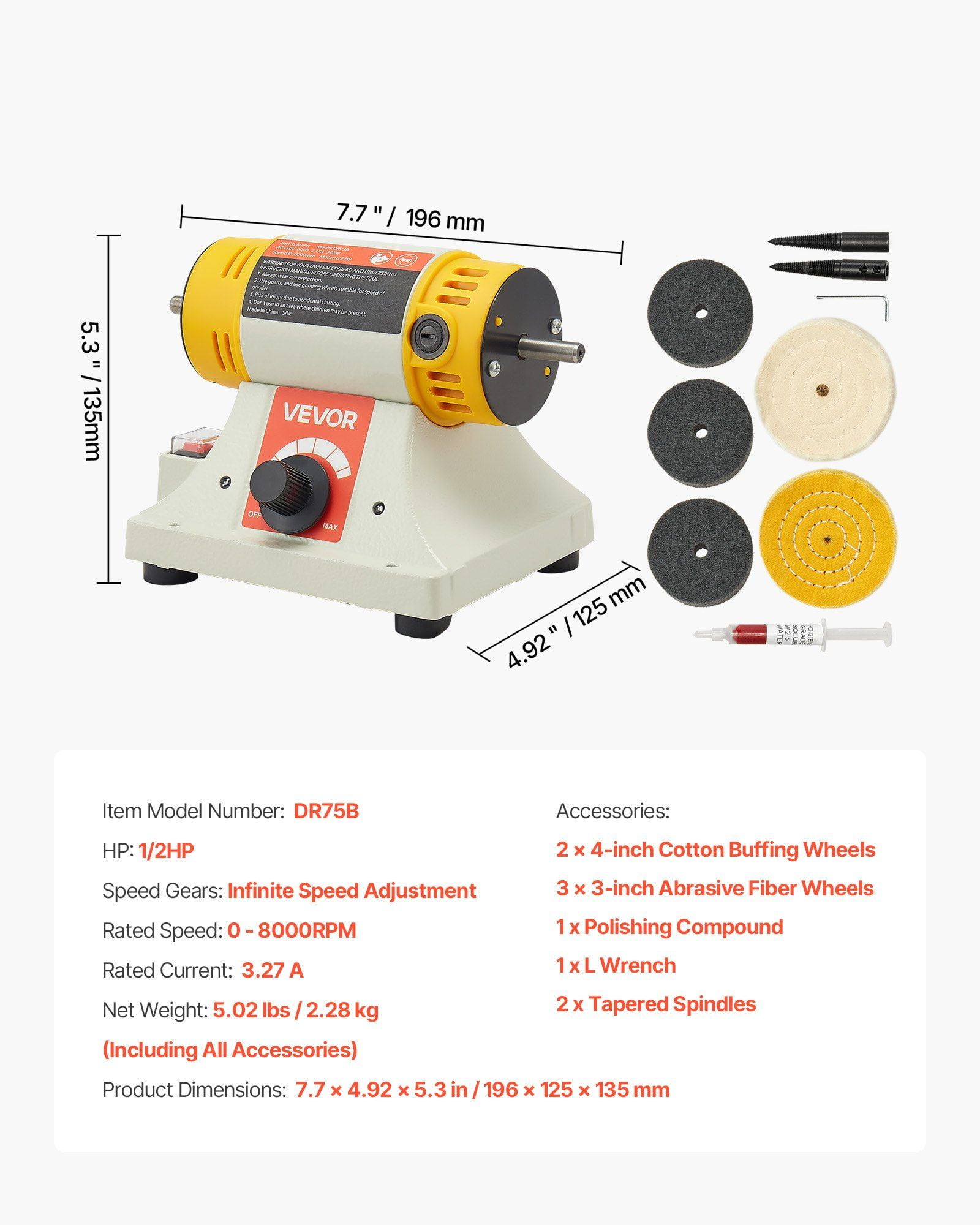 1/2HP Bench Buffer Polisher with 0–8000 RPM Stepless Speed Control, Compact Benchtop Buffing Machine with 3-Inch & 4-Inch Wheels, Complete Polishing Kit for Metal, Wood, and Jewelry Finishing